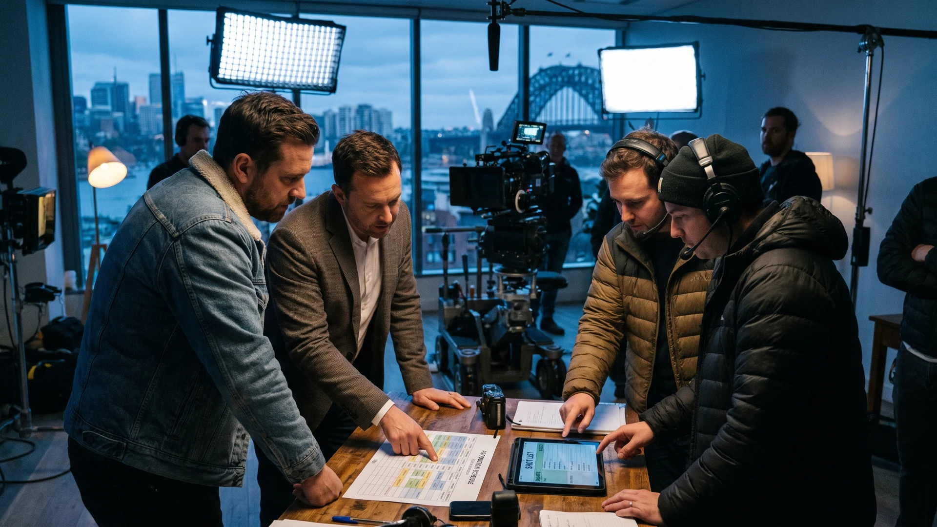 Corporate video cost Sydney Video production team reviewing a shot list and quote on a Sydney commercial video set