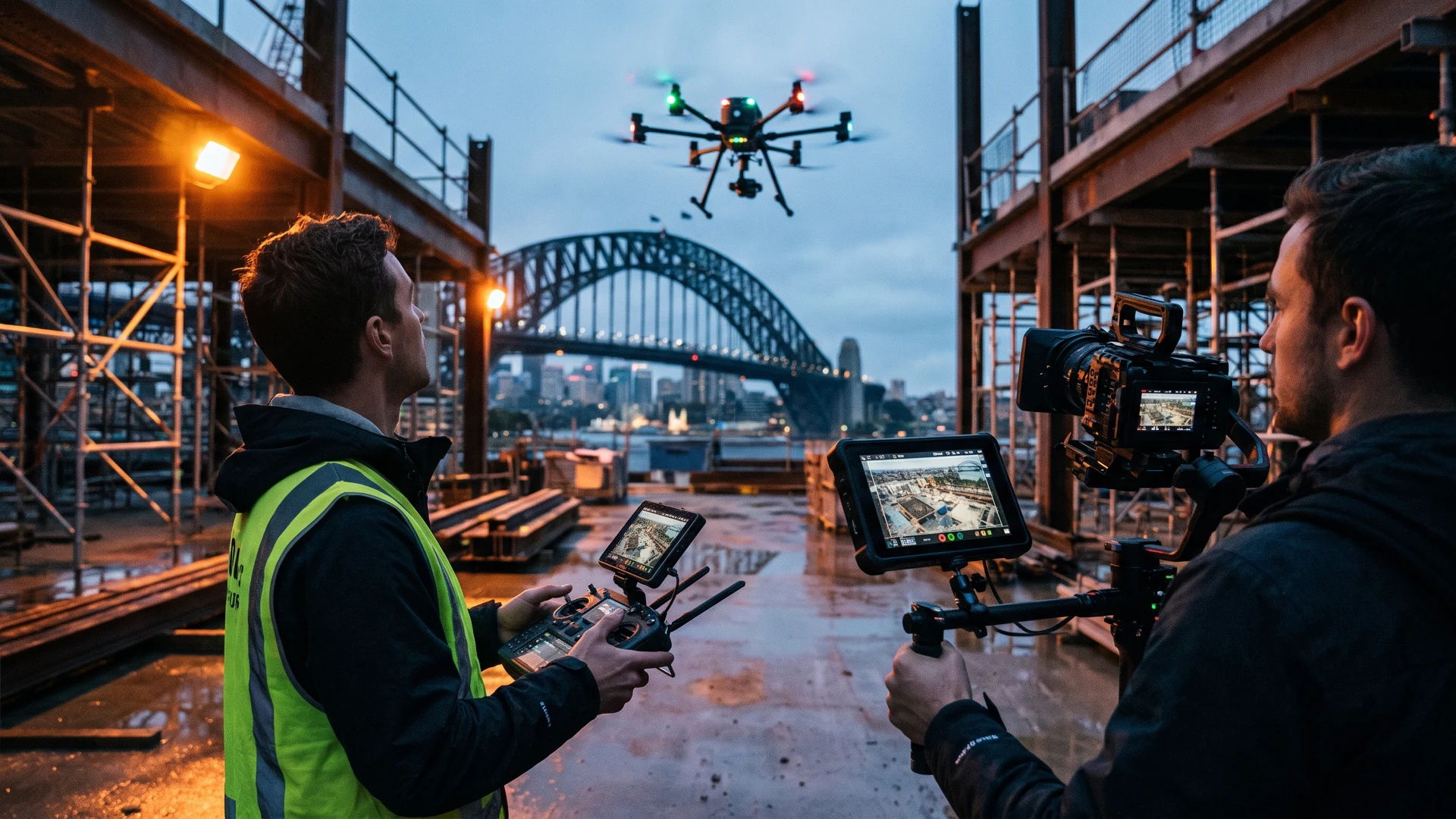 Drone videography Sydney Drone operator flying a commercial drone over a Sydney construction site at dusk with the Harbour Bridge in the background