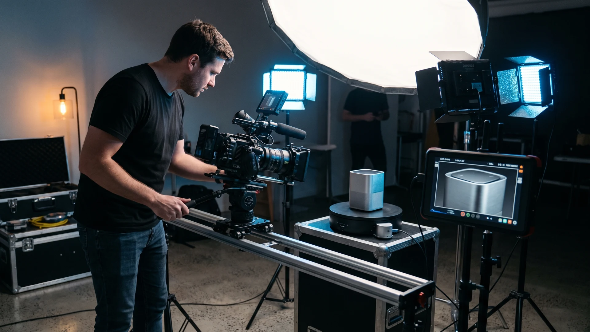 Videographer filming a product video on a turntable in a Sydney studio