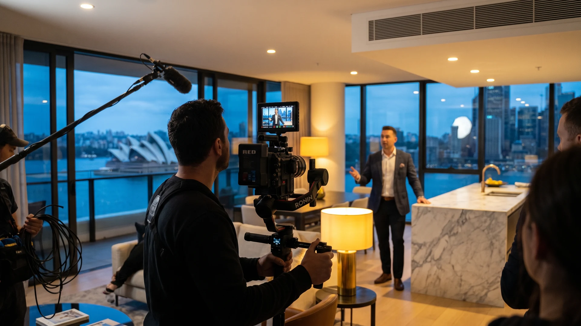 Real estate video production Sydney Videographer filming a real estate listing walkthrough in a Sydney apartment with the Harbour Bridge and Opera House visible at dusk