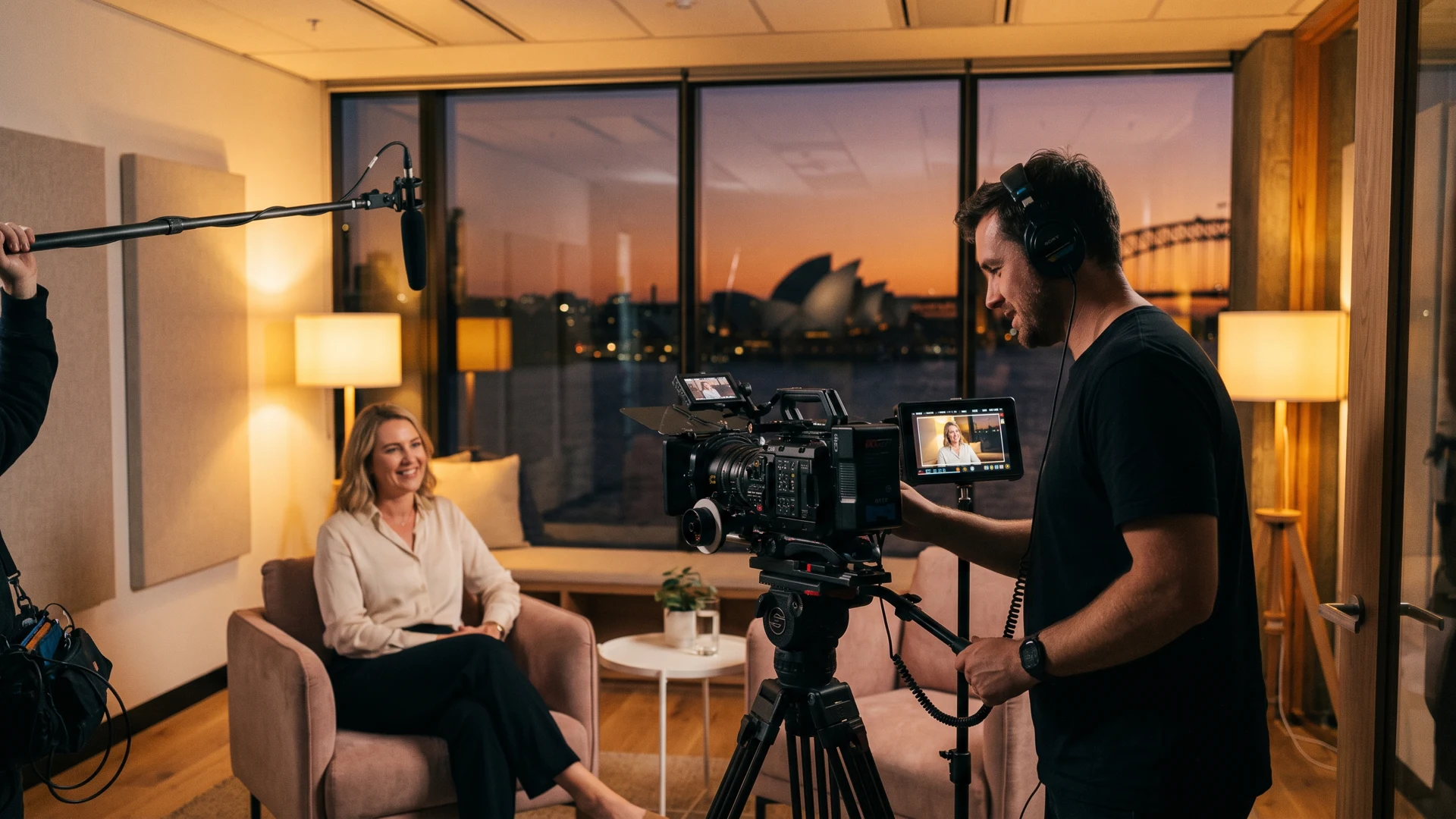 Videographer filming a customer testimonial interview in a Sydney office with the Harbour Bridge visible at dusk